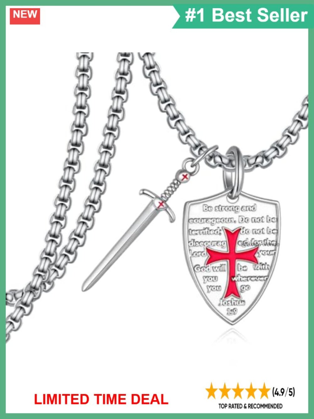 Sterling Silver Knight Sword Necklace Cross Shield Christian Pendant